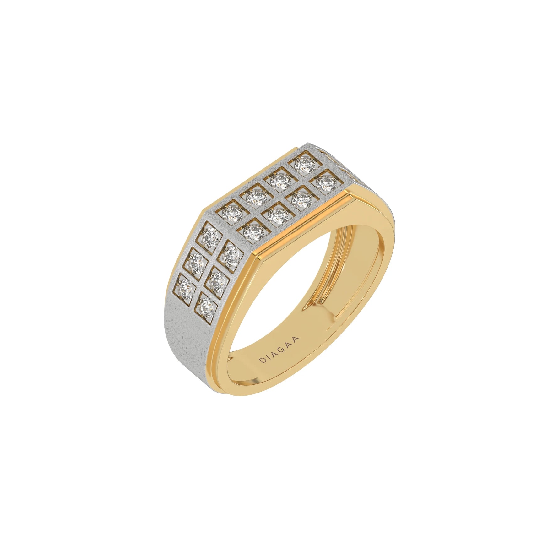 This two-tone dual row diamond ring features two rows of round brilliant-cut diamonds set in a shared prong setting in 3d view