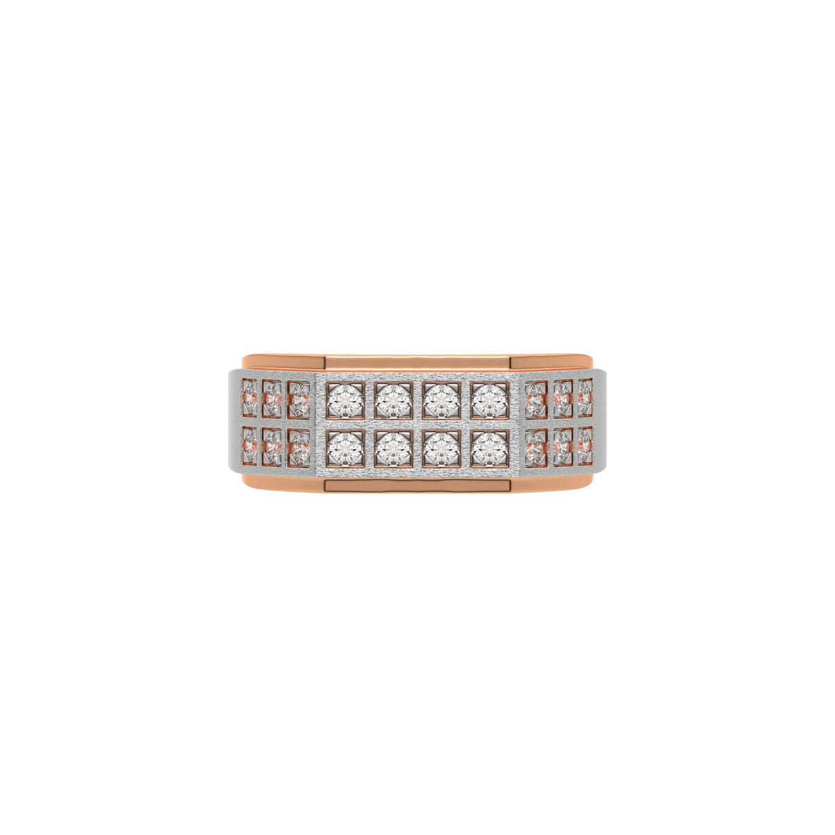 This two-tone dual row diamond ring features two rows of round brilliant-cut diamonds set in a shared prong setting in top view