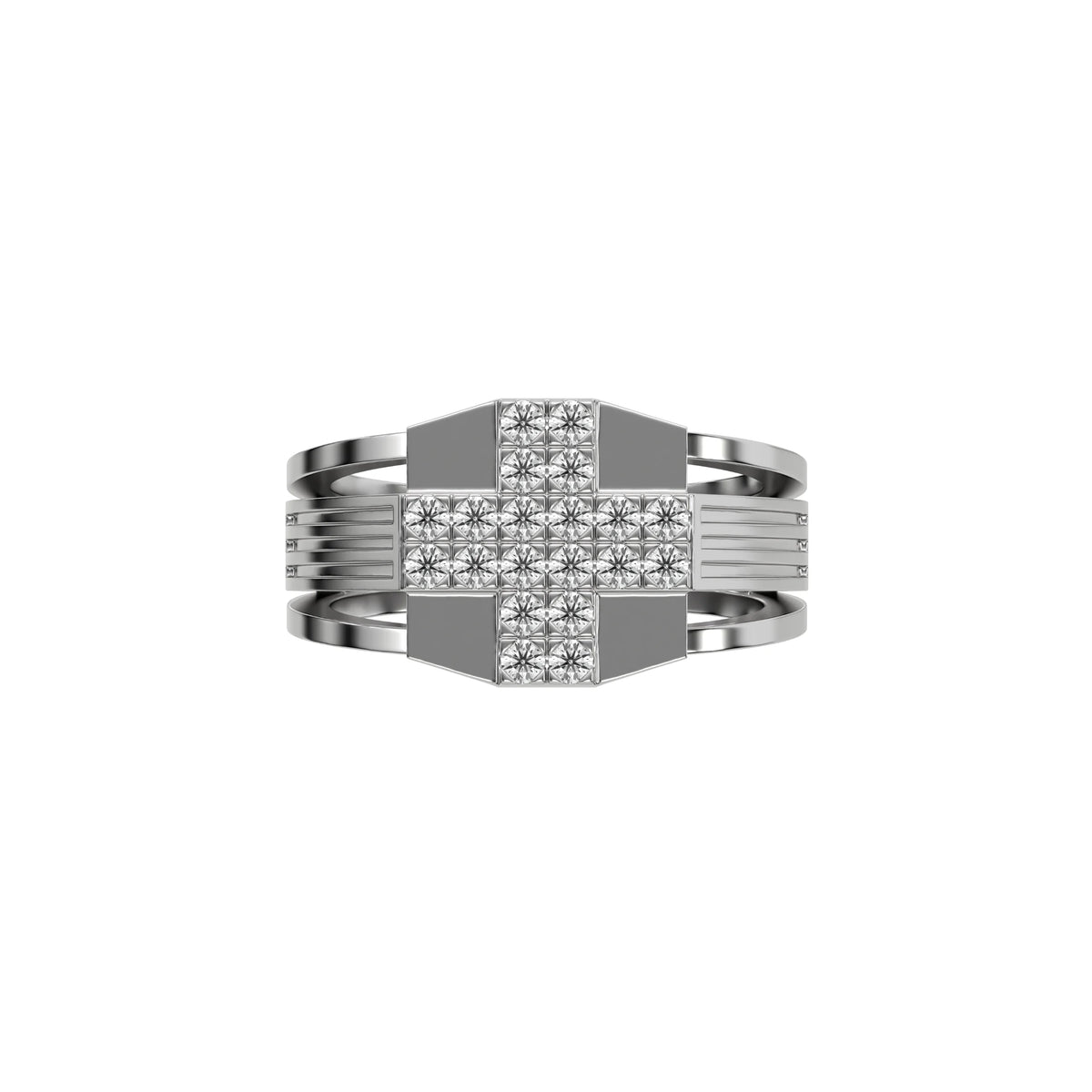 This Dual-tone cross diamond ring boasts round brilliant-cut diamonds set in a shared prong setting, crafting a captivating cross motif in top view