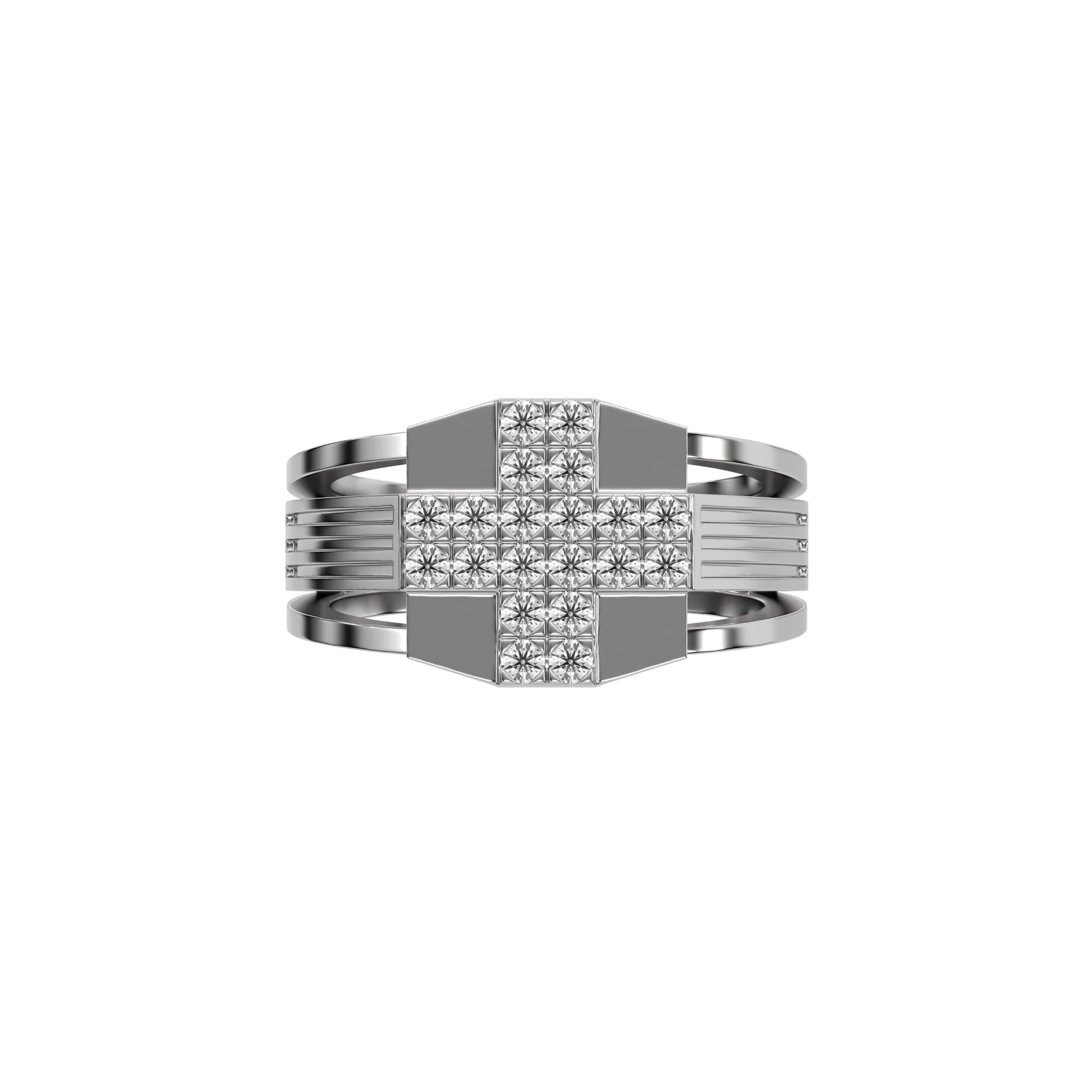 This Dual-tone cross diamond ring boasts round brilliant-cut diamonds set in a shared prong setting, crafting a captivating cross motif in top view