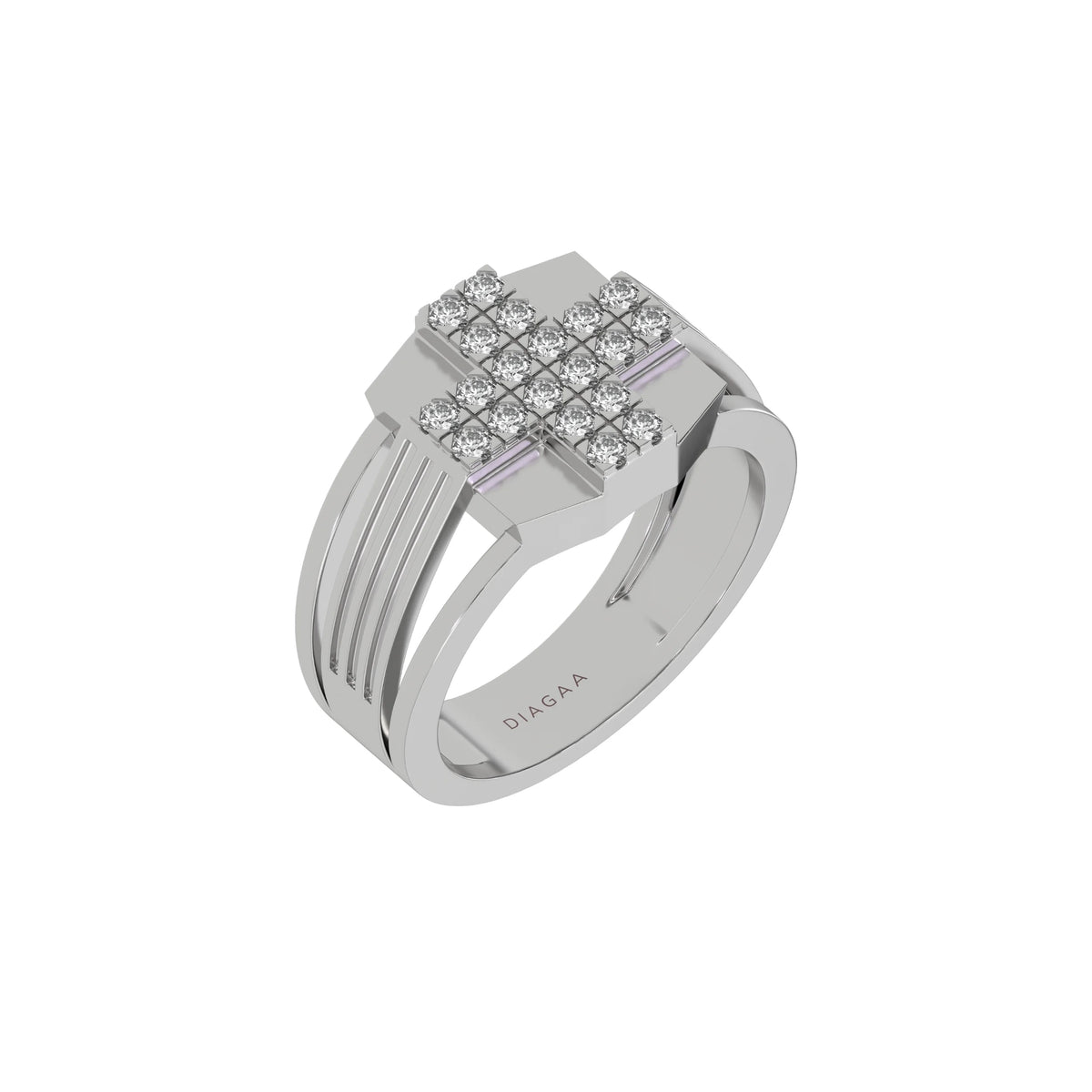 This Dual-tone cross diamond ring boasts round brilliant-cut diamonds set in a shared prong setting, crafting a captivating cross motif in 3d view