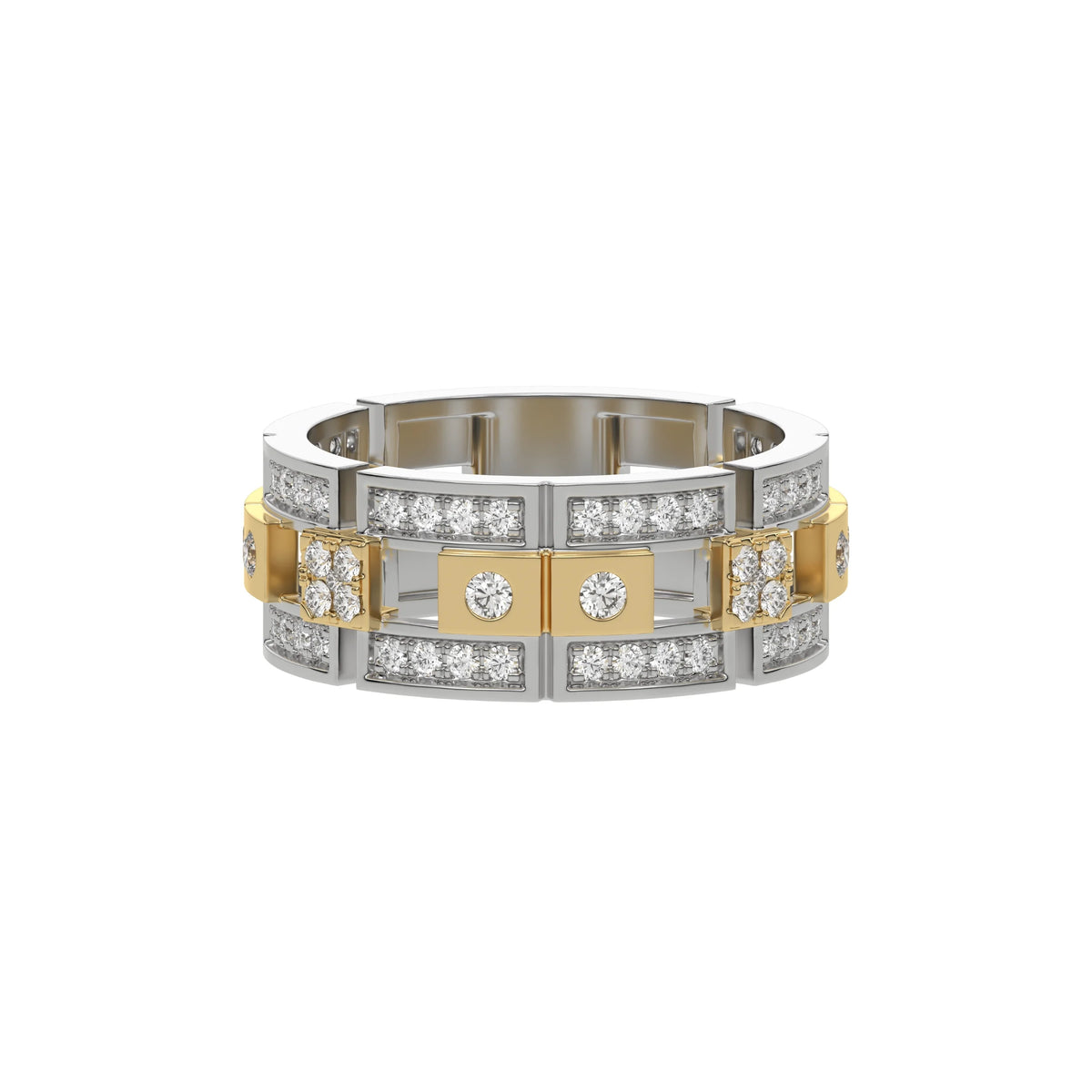 This modern two tone diamond eternity ring is made with round brilliant-cut diamonds, about 1.08 carats in total, set carefully in a mix of pave and flush settings in top view