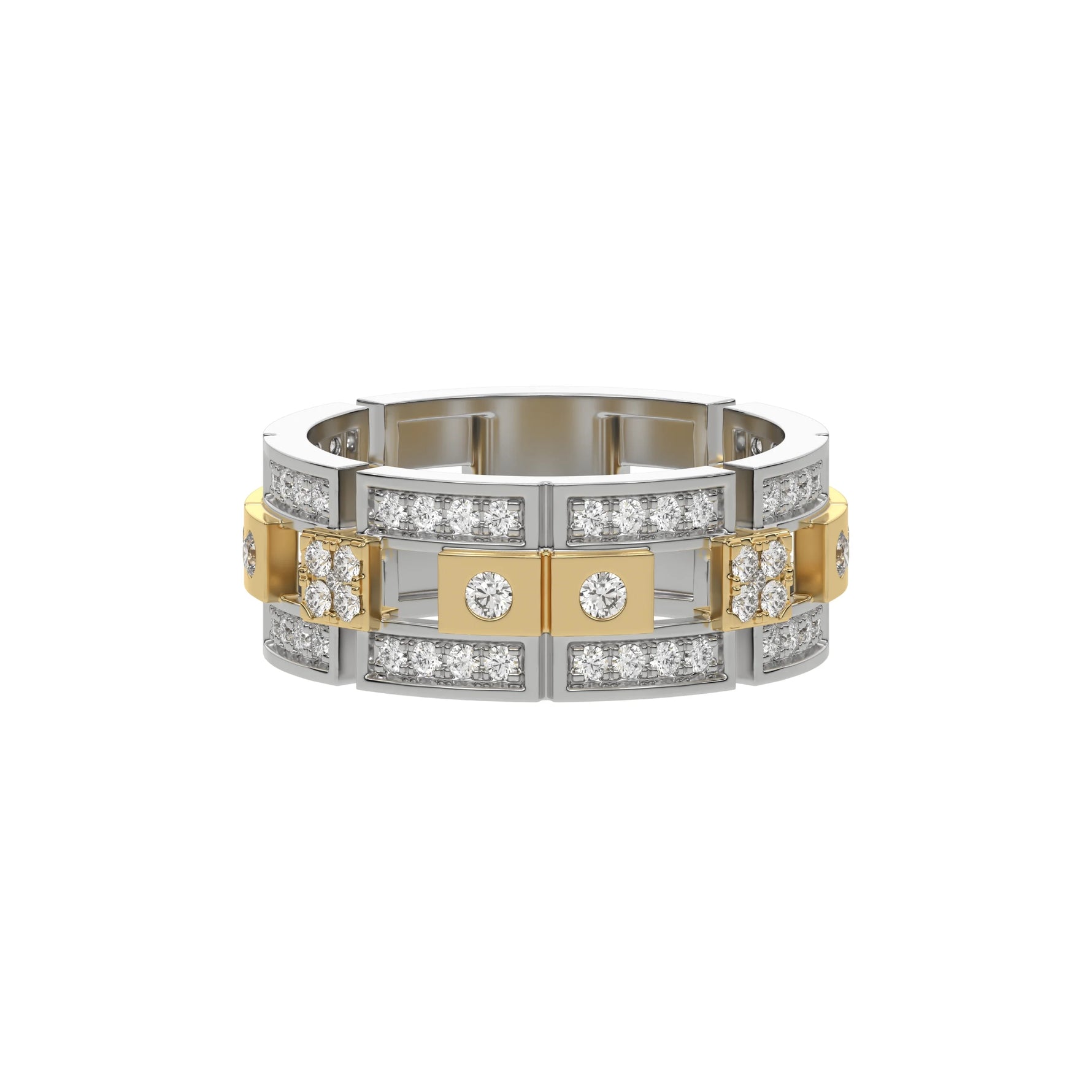 This modern two tone diamond eternity ring is made with round brilliant-cut diamonds, about 1.08 carats in total, set carefully in a mix of pave and flush settings in top view