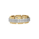 This captivating two-tone diamond eternity ring, meticulously crafted with approximately 1.35 carats of round brilliant-cut diamonds. Each diamond is elegantly set in a secure pave setting in side view