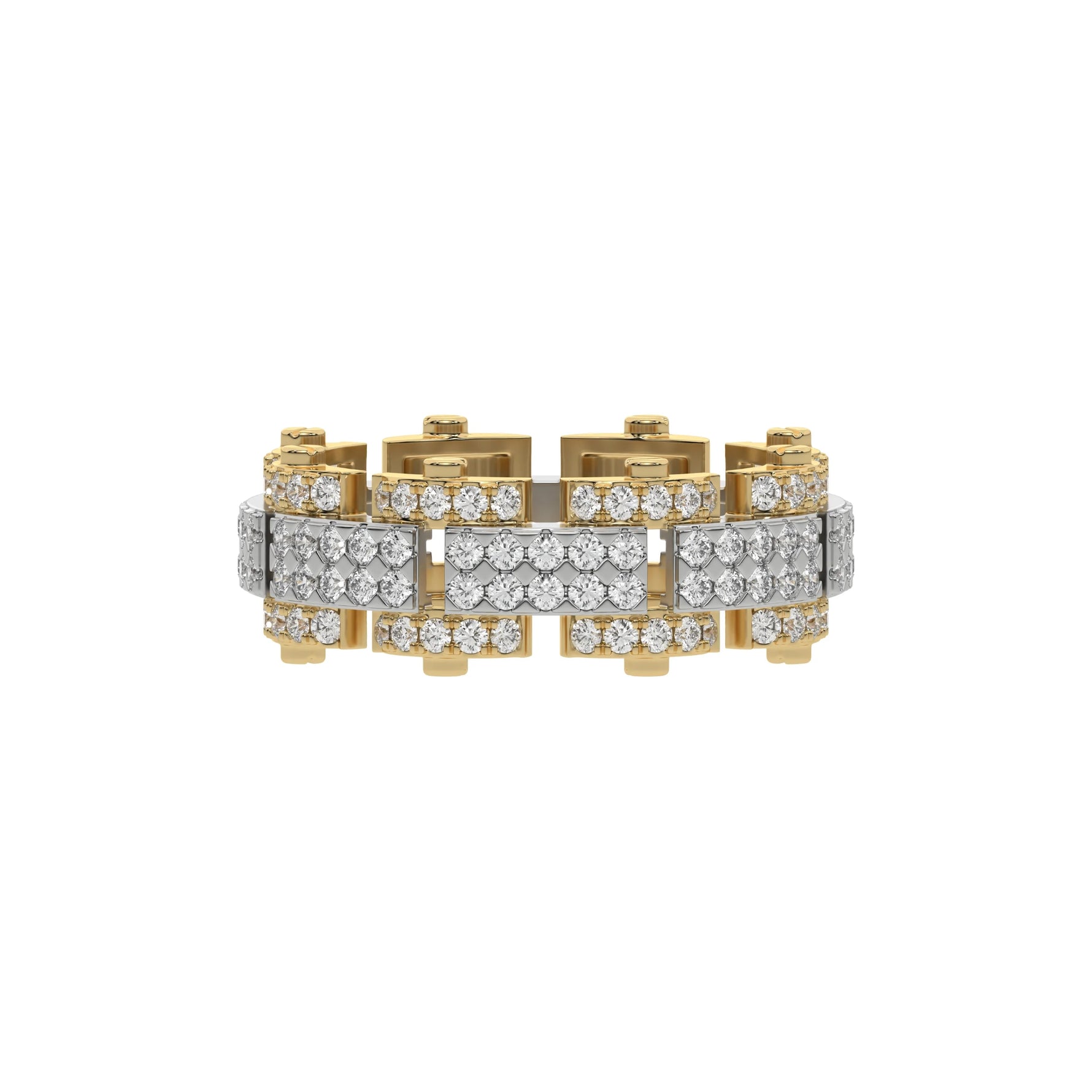 This stunning dual-tone diamond eternity ring, boasting approximately 1.25 carats of round brilliant-cut diamonds. Each diamond is expertly set in a secure prong setting in top view