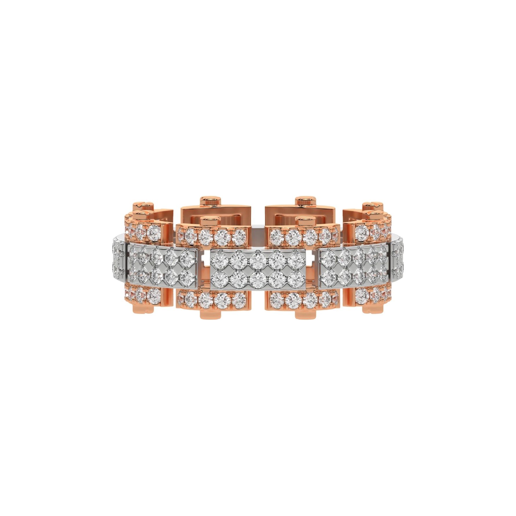 This stunning dual-tone diamond eternity ring, boasting approximately 1.25 carats of round brilliant-cut diamonds. Each diamond is expertly set in a secure prong setting in top view