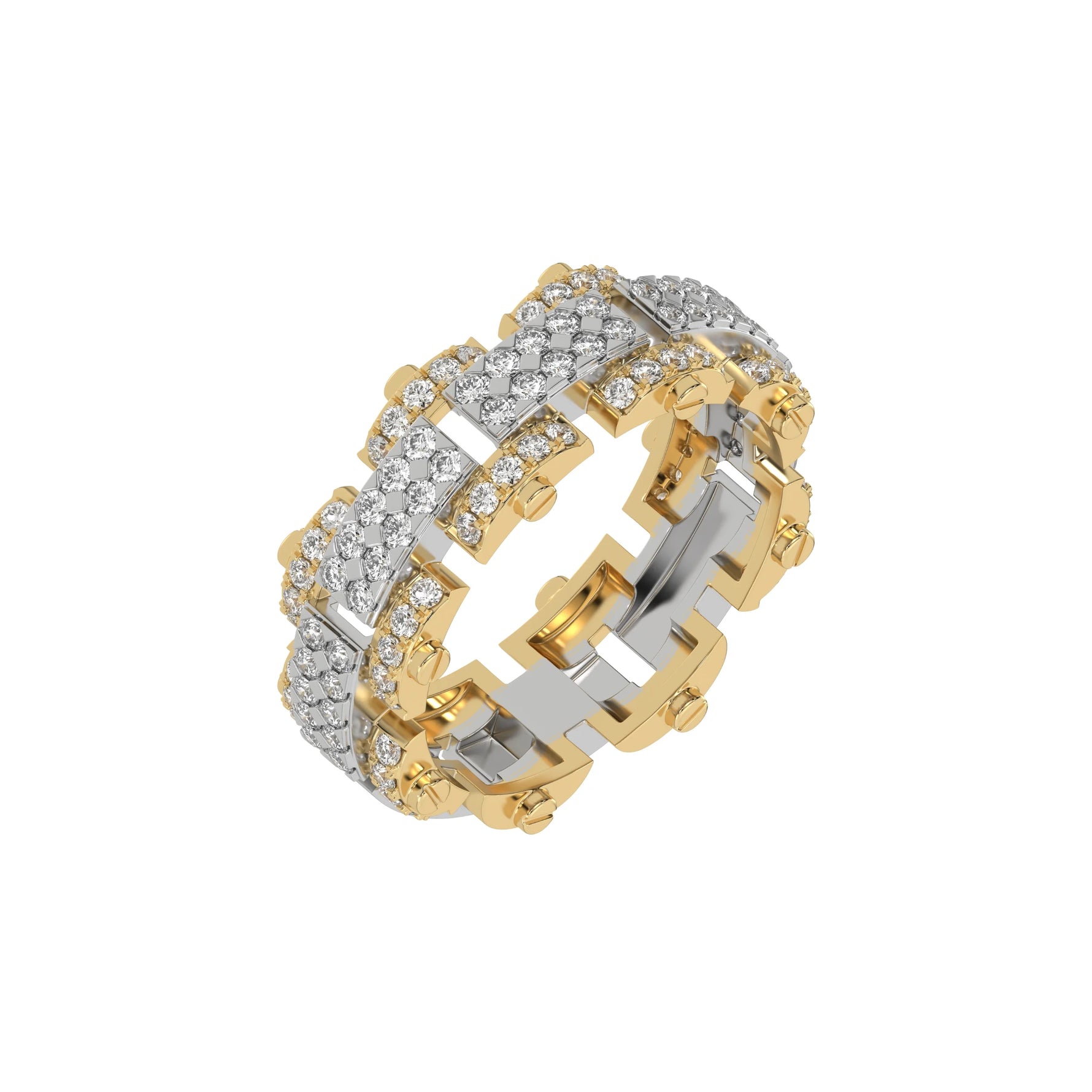 This stunning dual-tone diamond eternity ring, boasting approximately 1.25 carats of round brilliant-cut diamonds. Each diamond is expertly set in a secure prong setting in 3d view