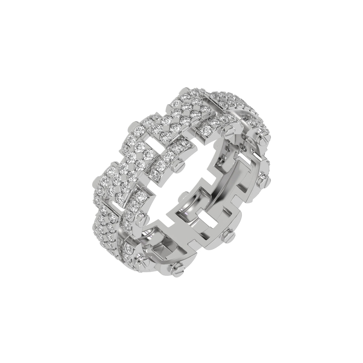 This stunning dual-tone diamond eternity ring, boasting approximately 1.25 carats of round brilliant-cut diamonds. Each diamond is expertly set in a secure prong setting in 3d view