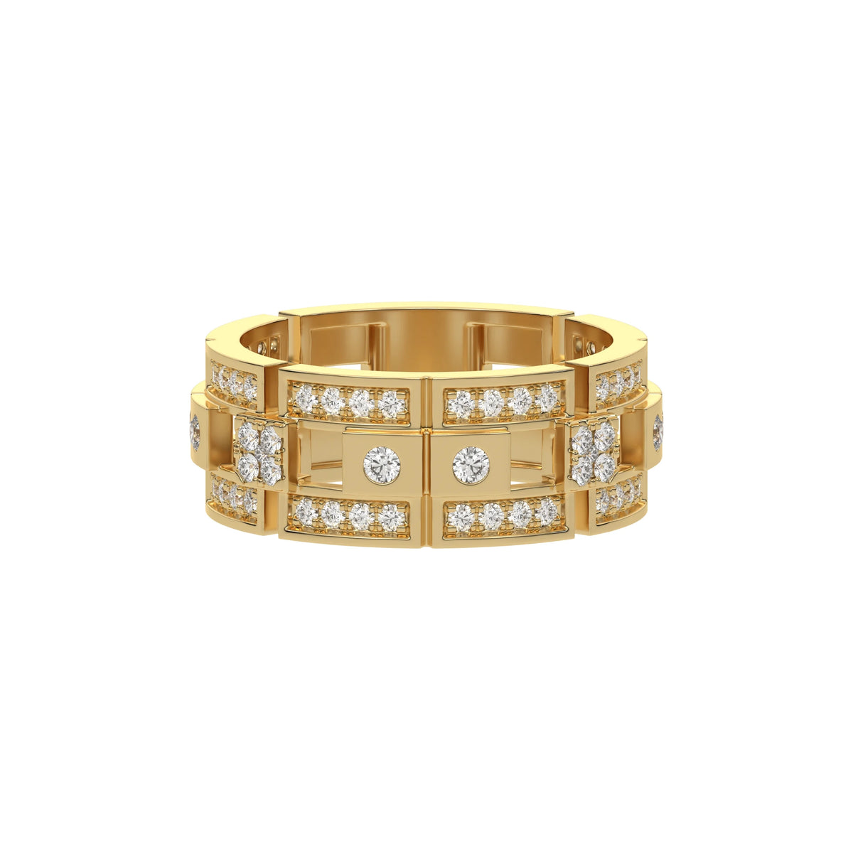 This modern two tone diamond eternity ring is made with round brilliant-cut diamonds, about 1.08 carats in total, set carefully in a mix of pave and flush settings in top view