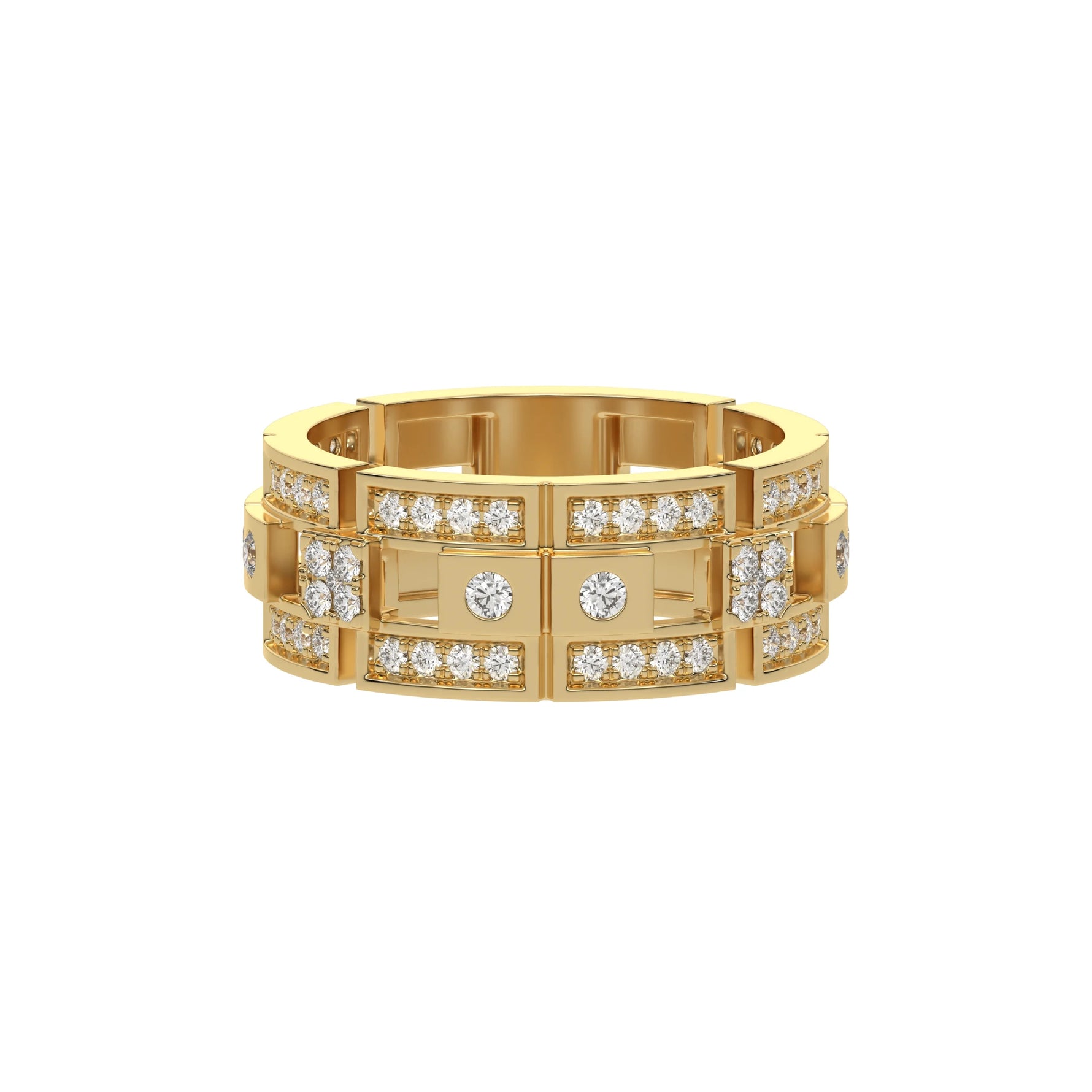 This modern two tone diamond eternity ring is made with round brilliant-cut diamonds, about 1.08 carats in total, set carefully in a mix of pave and flush settings in top view