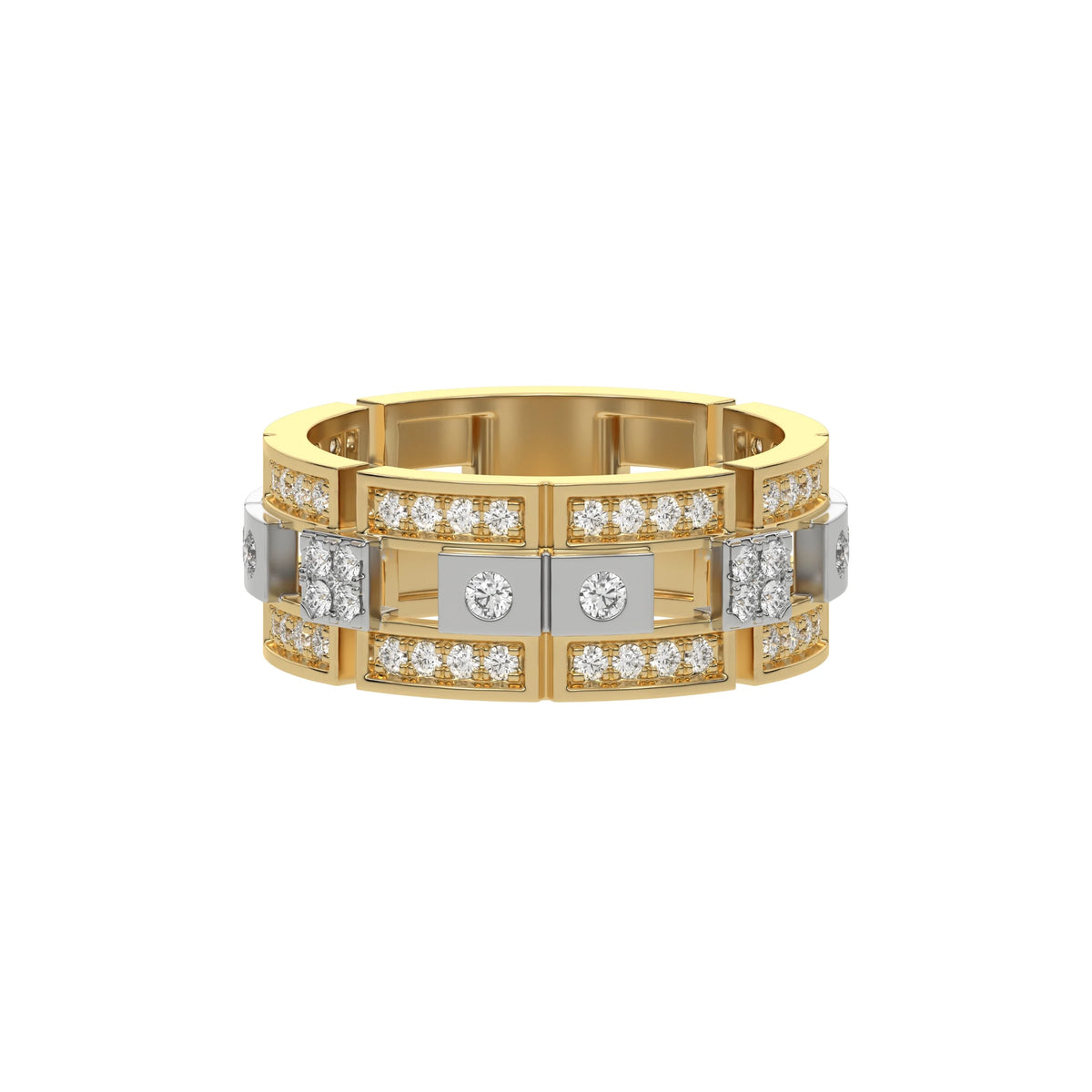 This modern two tone diamond eternity ring is made with round brilliant-cut diamonds, about 1.08 carats in total, set carefully in a mix of pave and flush settings in top view