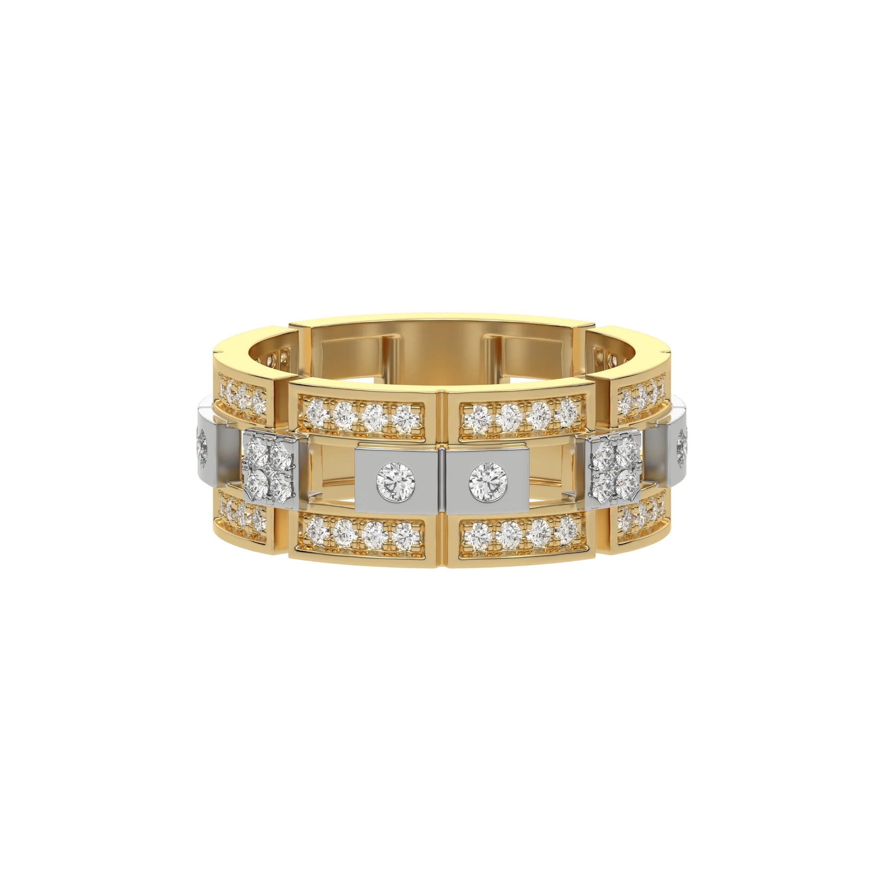 This modern two tone diamond eternity ring is made with round brilliant-cut diamonds, about 1.08 carats in total, set carefully in a mix of pave and flush settings in top view