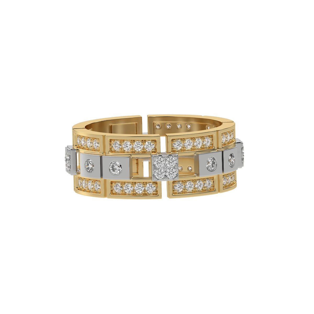 This modern two tone diamond eternity ring is made with round brilliant-cut diamonds, about 1.08 carats in total, set carefully in a mix of pave and flush settings in side view