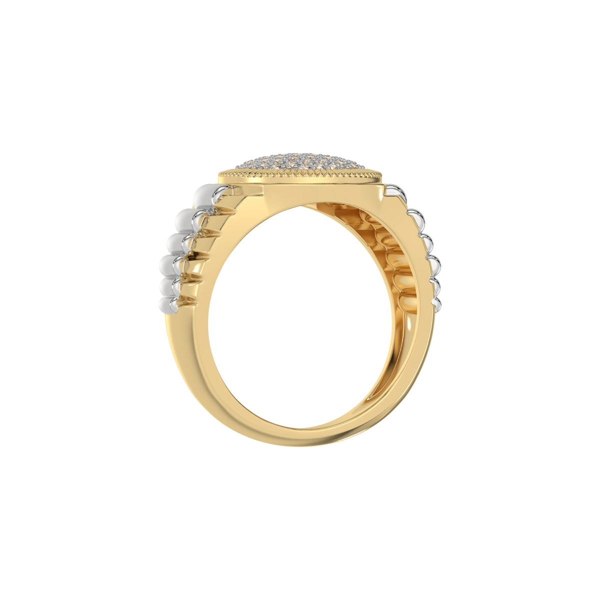 This Dual-tone diamond signet ring, meticulously crafted from the finest solid gold and adorned with round brilliant-cut diamonds in through finger view