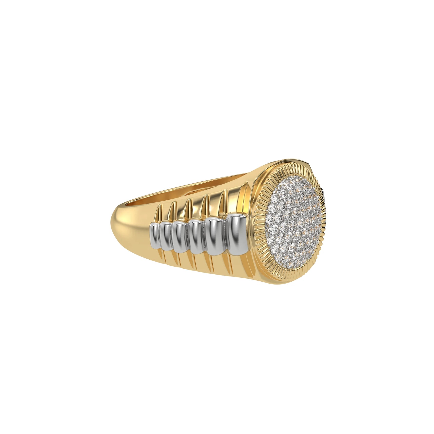 This Dual-tone diamond signet ring, meticulously crafted from the finest solid gold and adorned with round brilliant-cut diamonds in side view