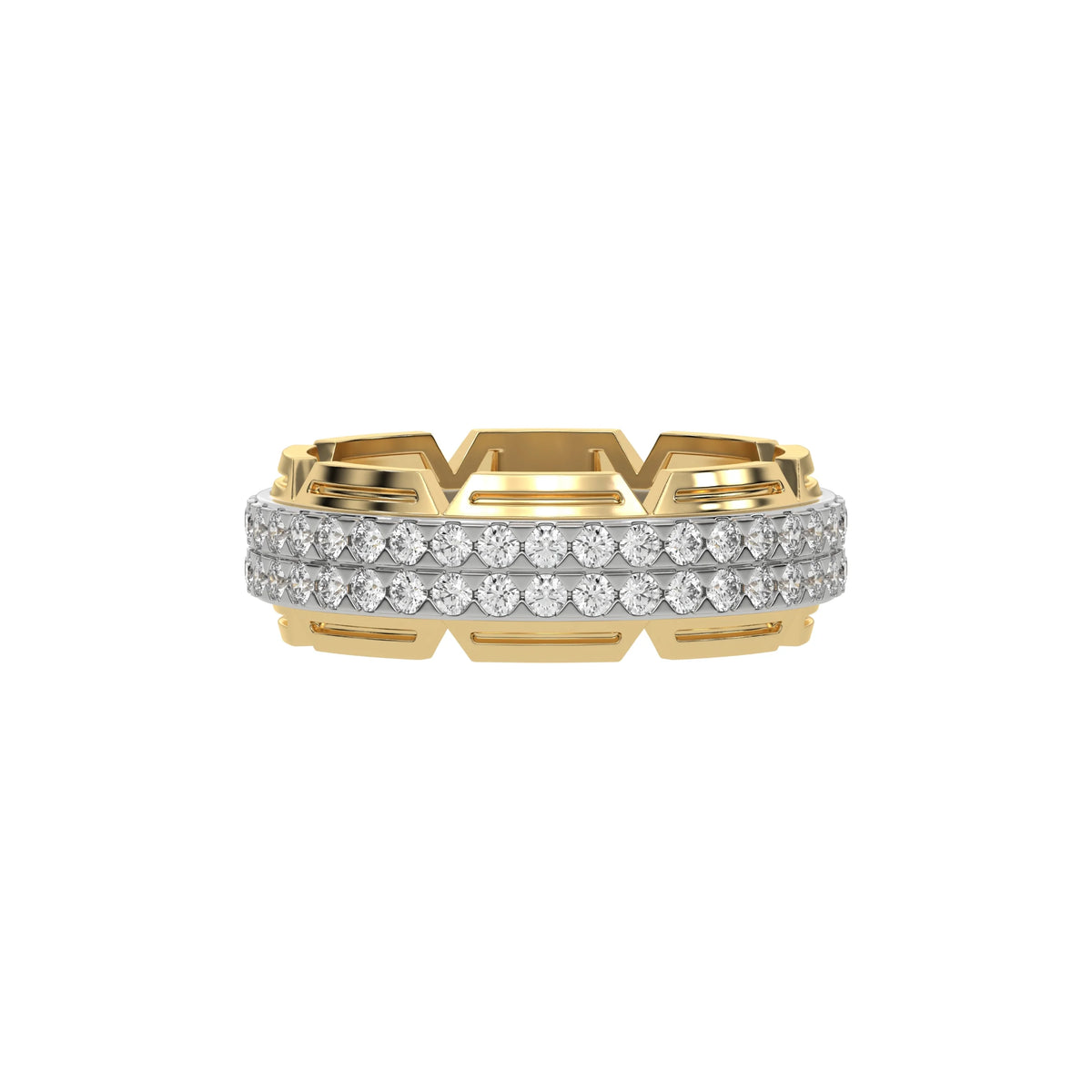 This captivating two-tone diamond eternity ring, meticulously crafted with approximately 1.35 carats of round brilliant-cut diamonds. Each diamond is elegantly set in a secure pave setting in top view