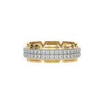 This captivating two-tone diamond eternity ring, meticulously crafted with approximately 1.35 carats of round brilliant-cut diamonds. Each diamond is elegantly set in a secure pave setting in top view