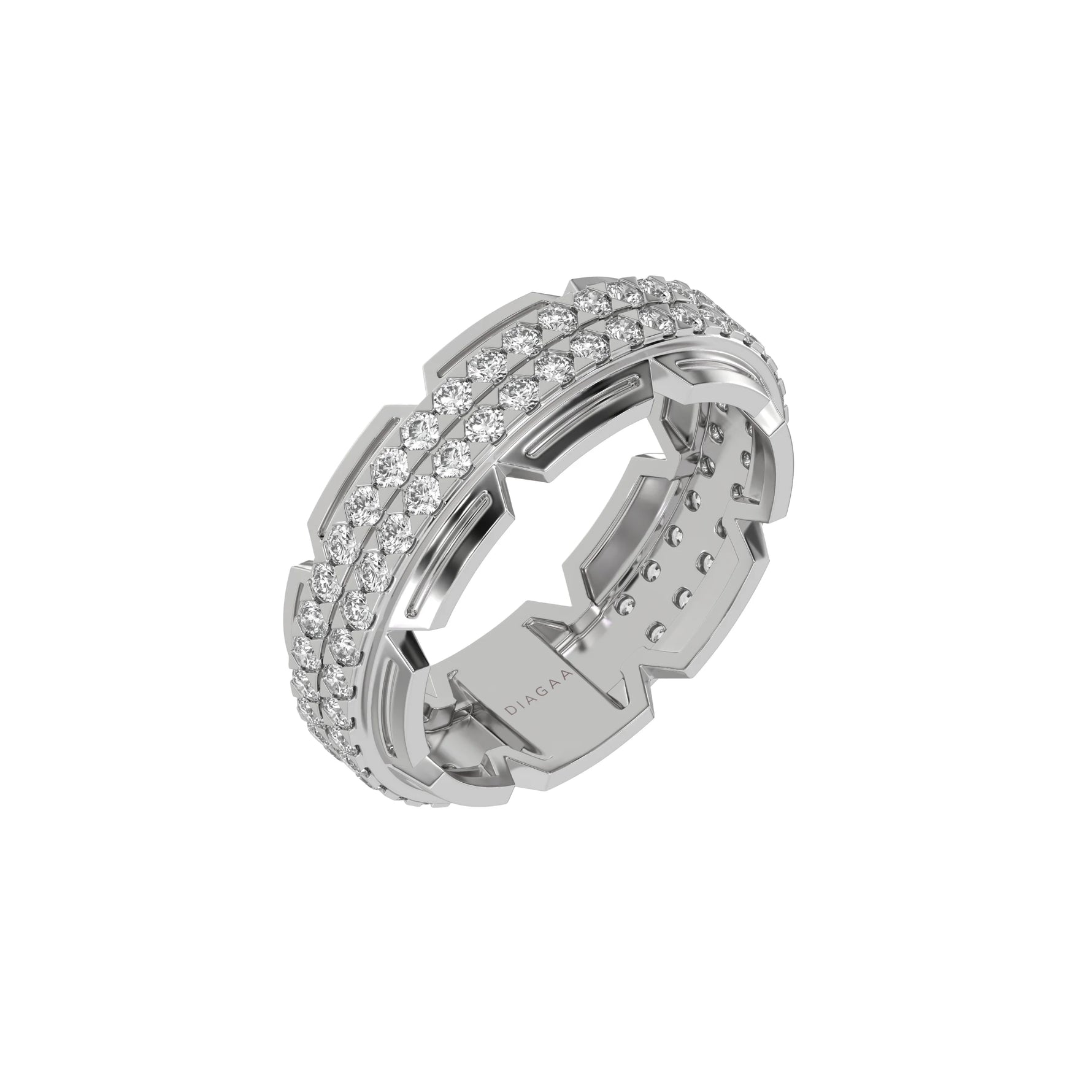 This captivating two-tone diamond eternity ring, meticulously crafted with approximately 1.35 carats of round brilliant-cut diamonds. Each diamond is elegantly set in a secure pave setting in 3d view