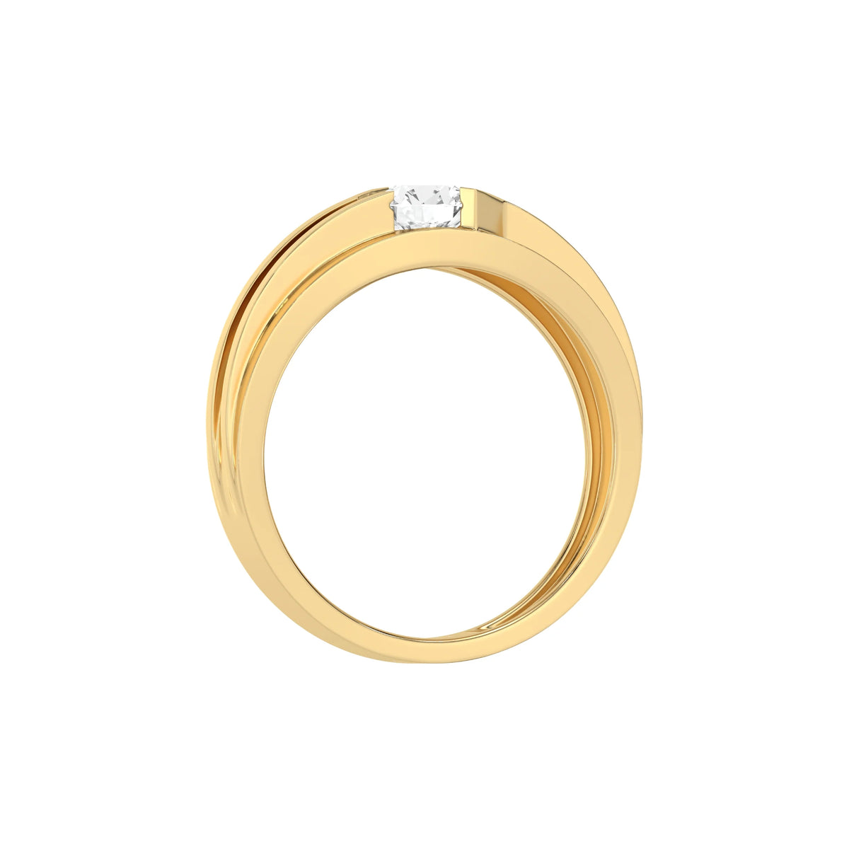 This yellow gold Dual-tone tension set diamond solitaire ring, featuring a captivating 0.70 Ct round diamond flawlessly secured in a tension setting in through finger view