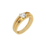 This yellow gold Dual-tone tension set diamond solitaire ring, featuring a captivating 0.70 Ct round diamond flawlessly secured in a tension setting in 3d view