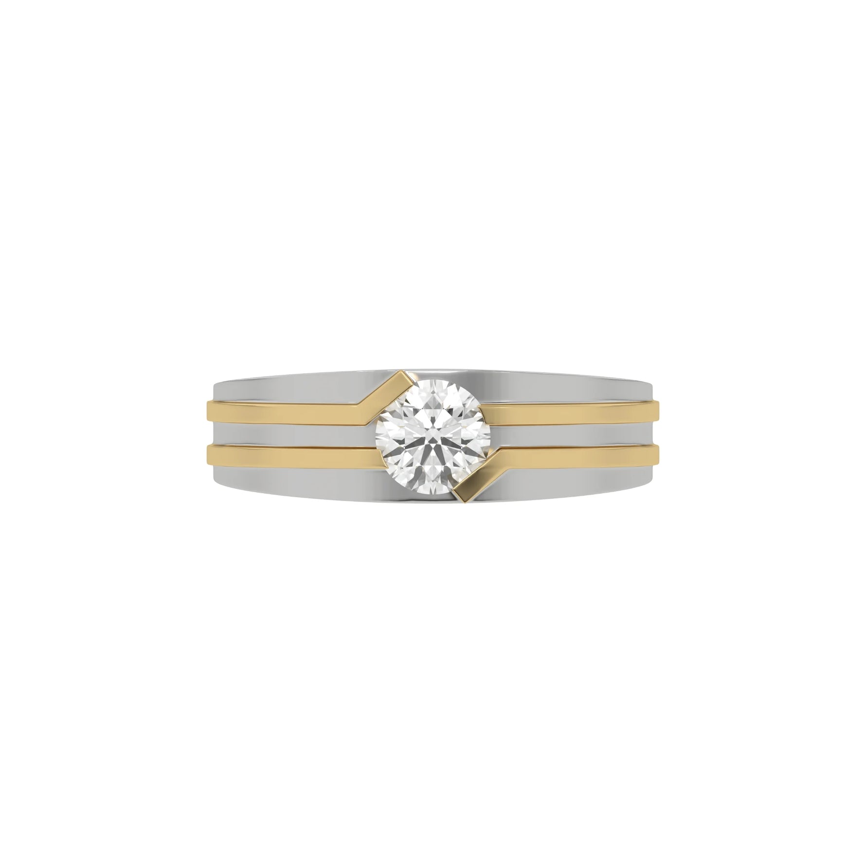 This white and yellow gold Dual-tone tension set diamond solitaire ring, featuring a captivating 0.70 Ct round diamond flawlessly secured in a tension setting in top view