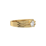 This yellow gold Dual-tone tension set diamond solitaire ring, featuring a captivating 0.70 Ct round diamond flawlessly secured in a tension setting in side view