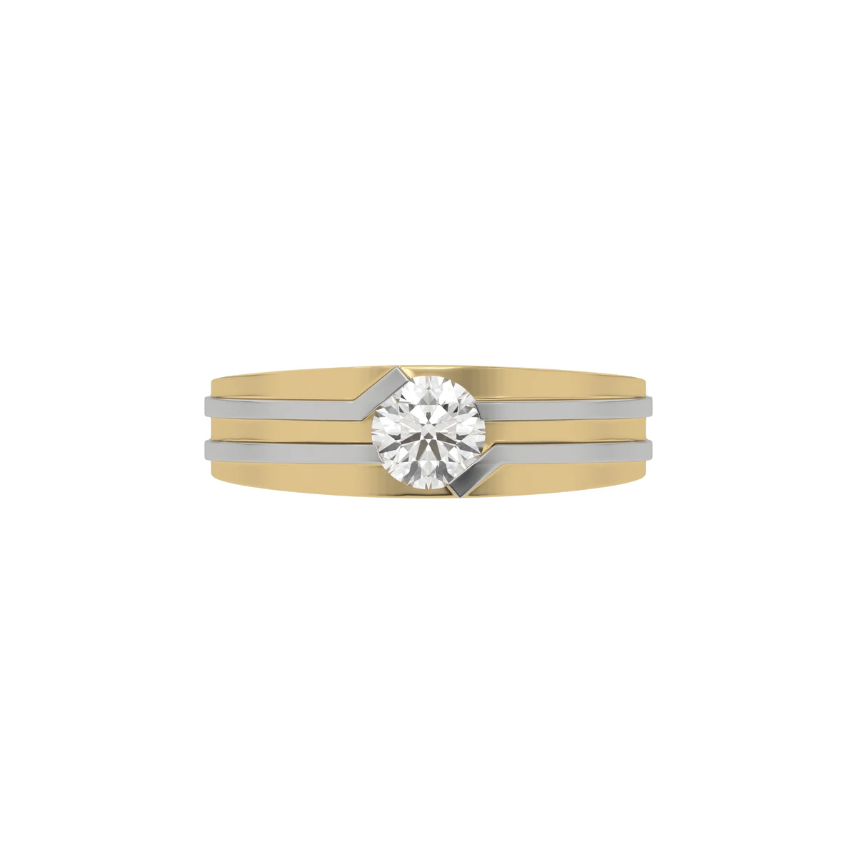 This yellow and white gold Dual-tone tension set diamond solitaire ring, featuring a captivating 0.70 Ct round diamond flawlessly secured in a tension setting in top view