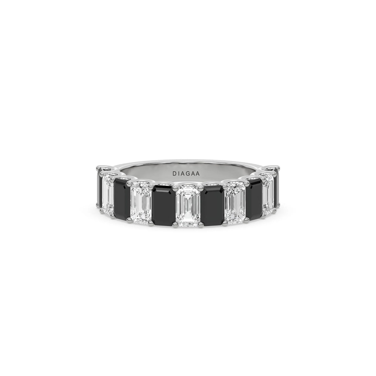 14K White Gold Emerald Black and White Diamond Eternity Ring