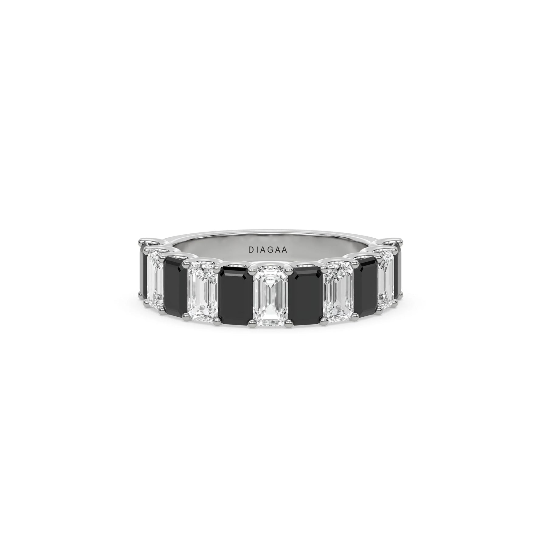 14K White Gold Emerald Black and White Diamond Eternity Ring