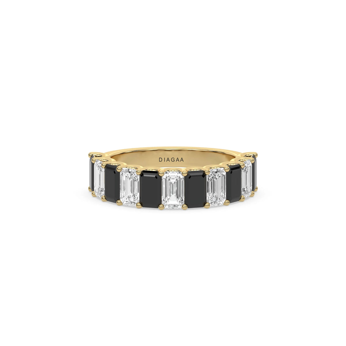 14K Yellow Gold Emerald Black and White Diamond Eternity Ring