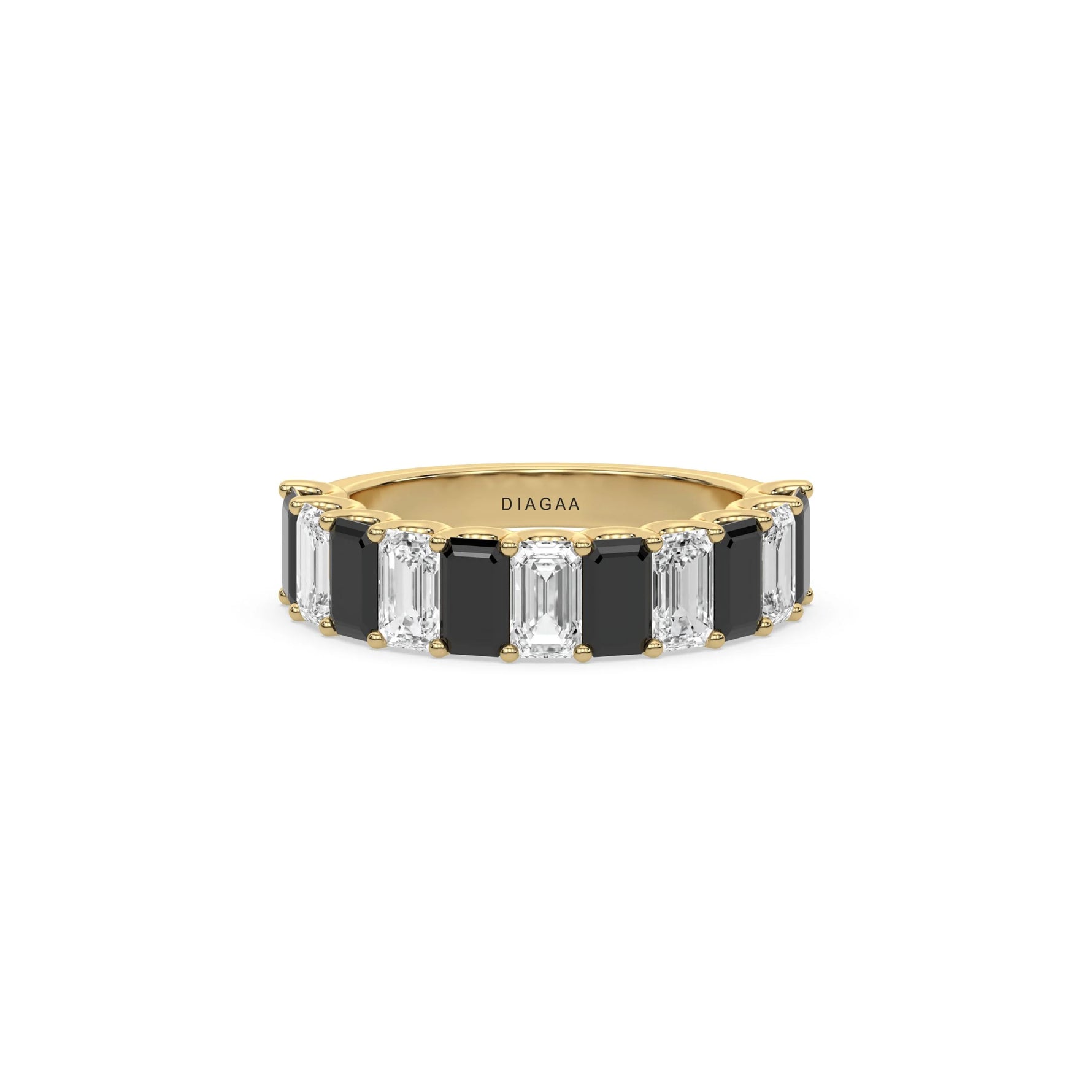 14K Yellow Gold Emerald Black and White Diamond Eternity Ring