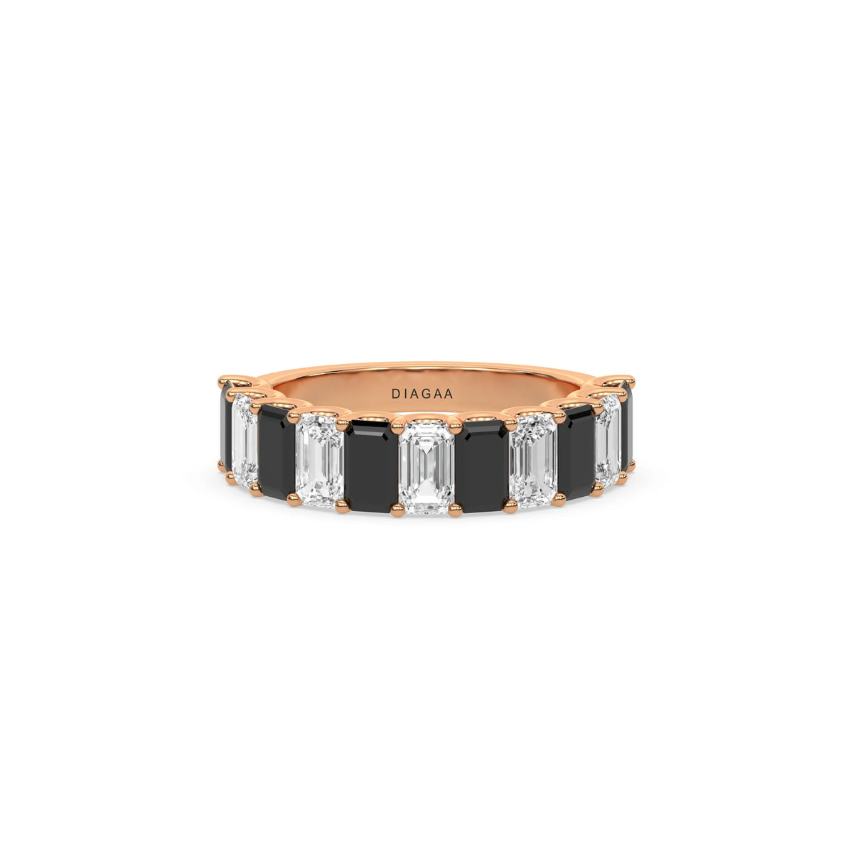 14K Rose Gold Emerald Black and White Diamond Eternity Ring