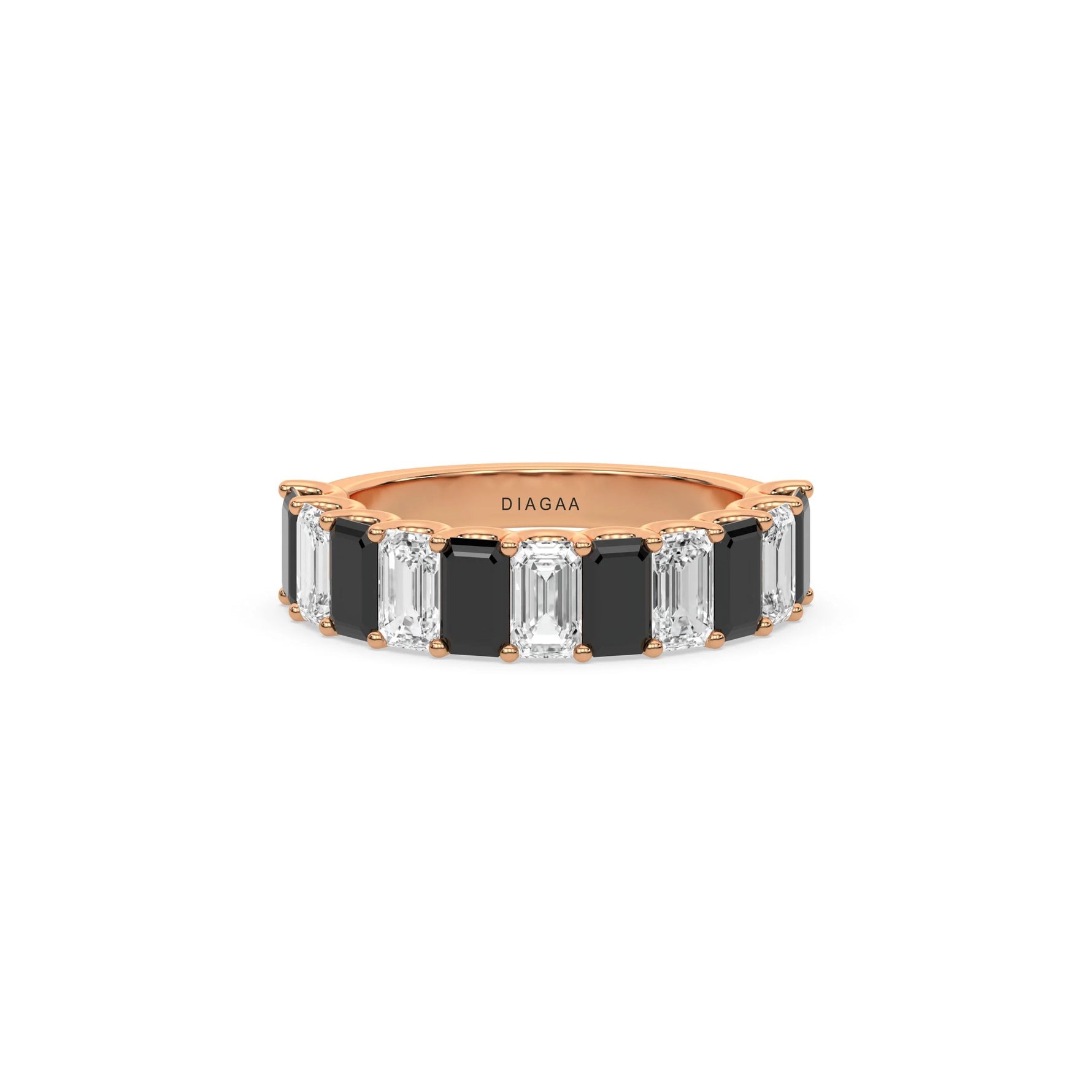 14K Rose Gold Emerald Black and White Diamond Eternity Ring