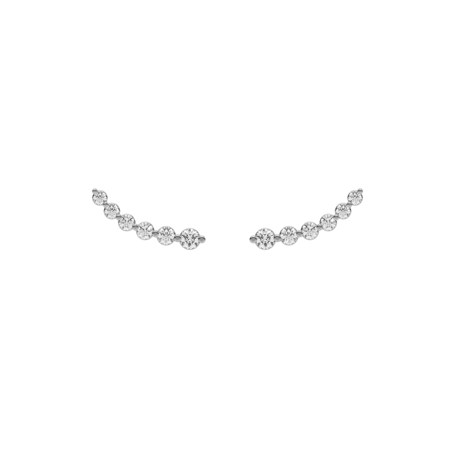 14k White gold round cut diamond ear climber earrings set in prongs.
