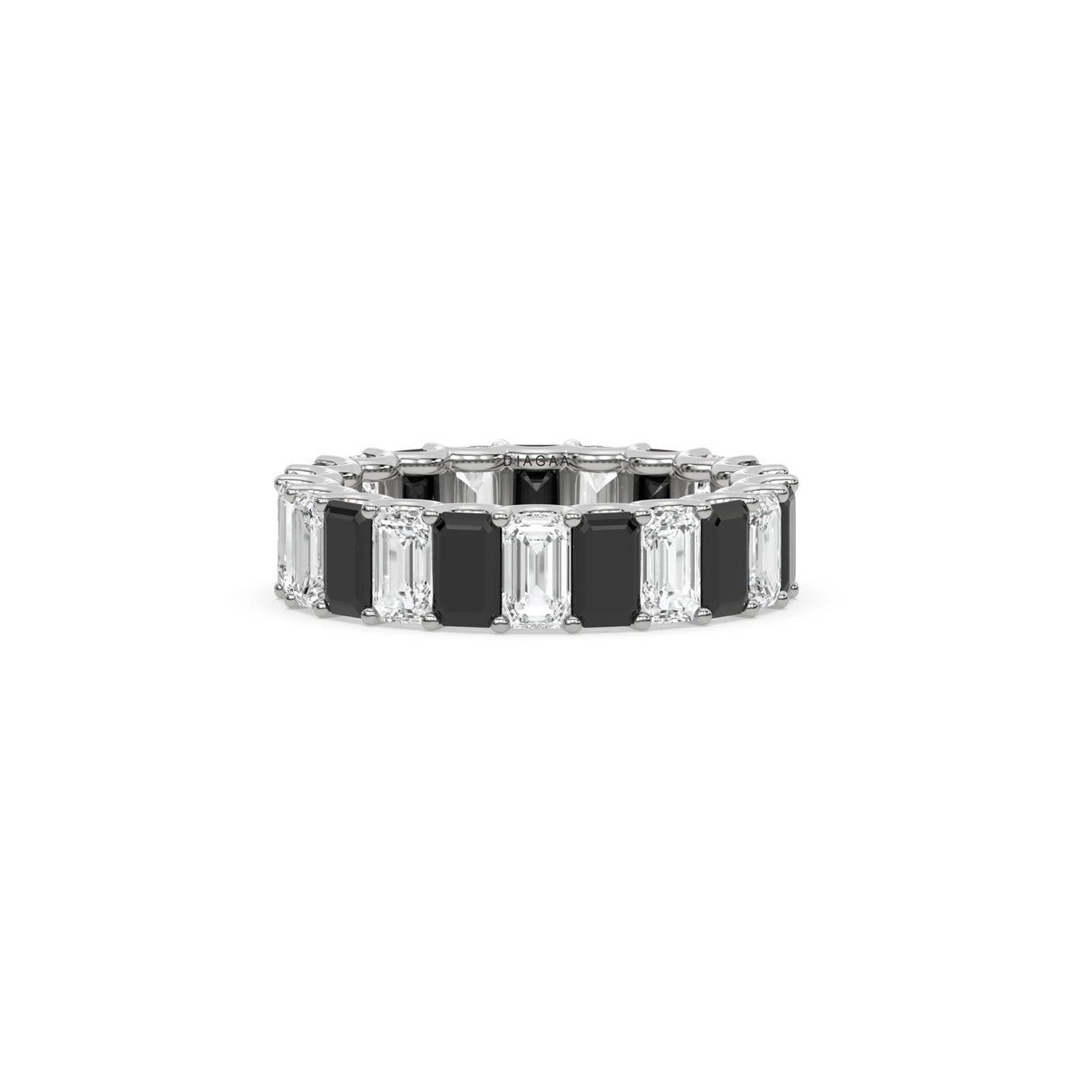 18K White Gold Black and White Emerald Diamond Eternity Ring