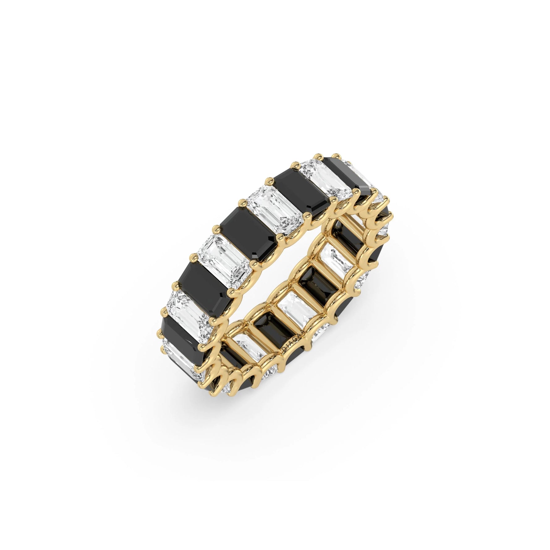 10K Yellow Gold Black and White Emerald Diamond Eternity Ring