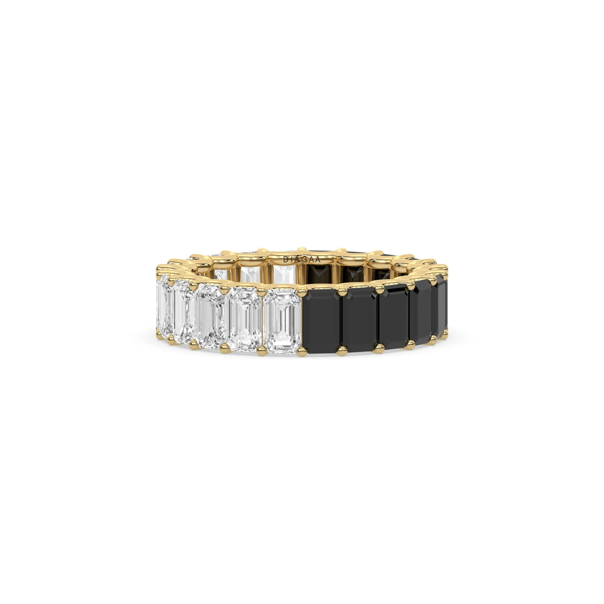18K Yellow Gold Emerald Black and White Diamond Eternity Ring