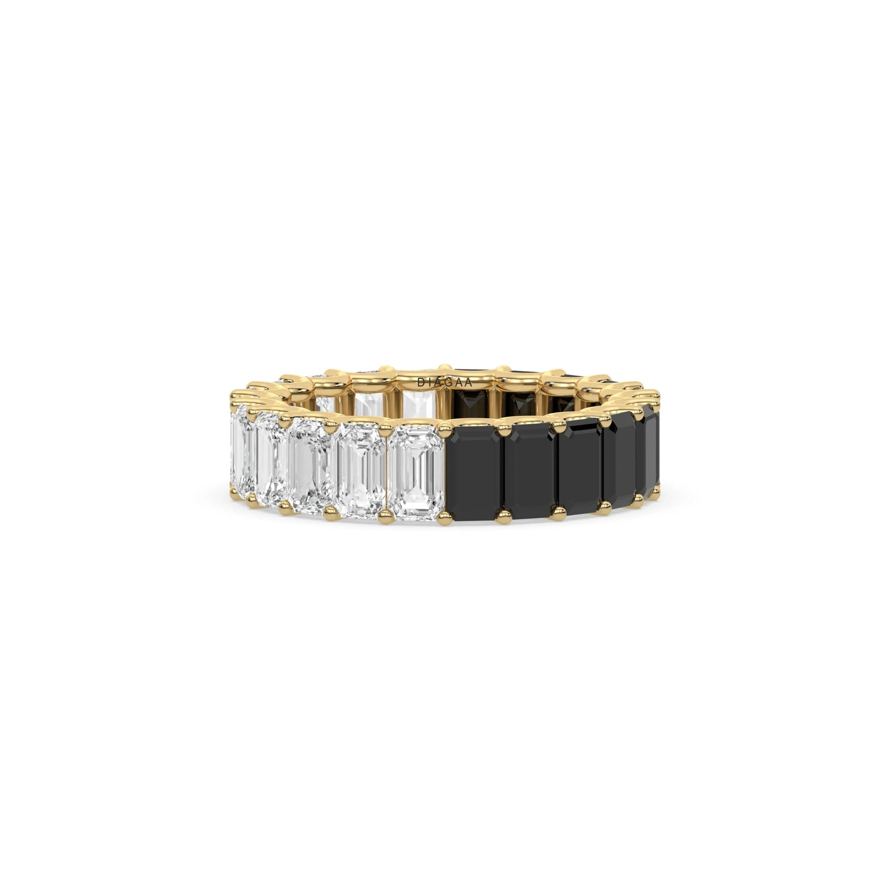 18K Yellow Gold Emerald Black and White Diamond Eternity Ring