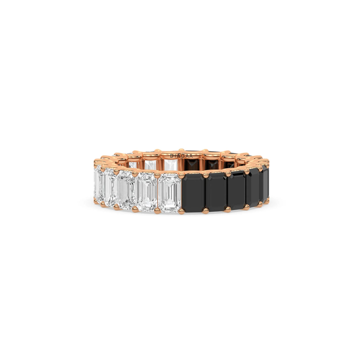 18K Rose Gold Emerald Black and White Diamond Eternity Ring