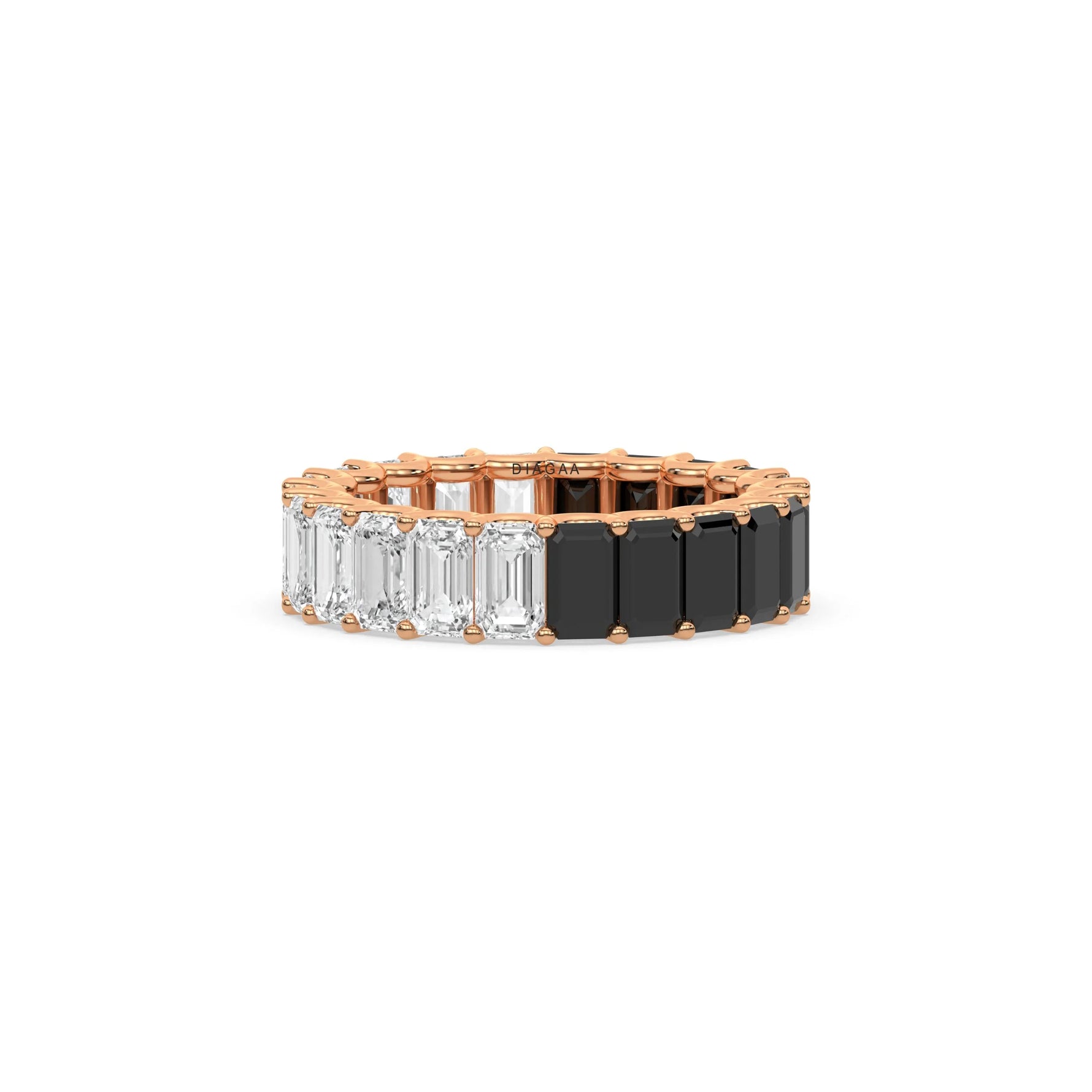 18K Rose Gold Emerald Black and White Diamond Eternity Ring