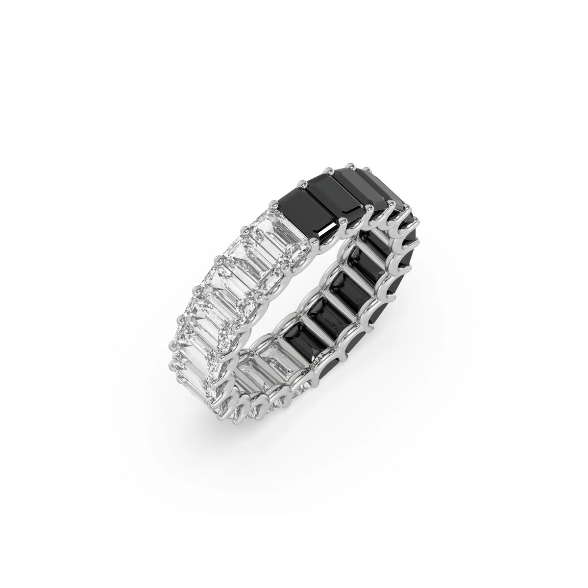 14K White Gold Emerald Black and White Diamond Eternity Ring