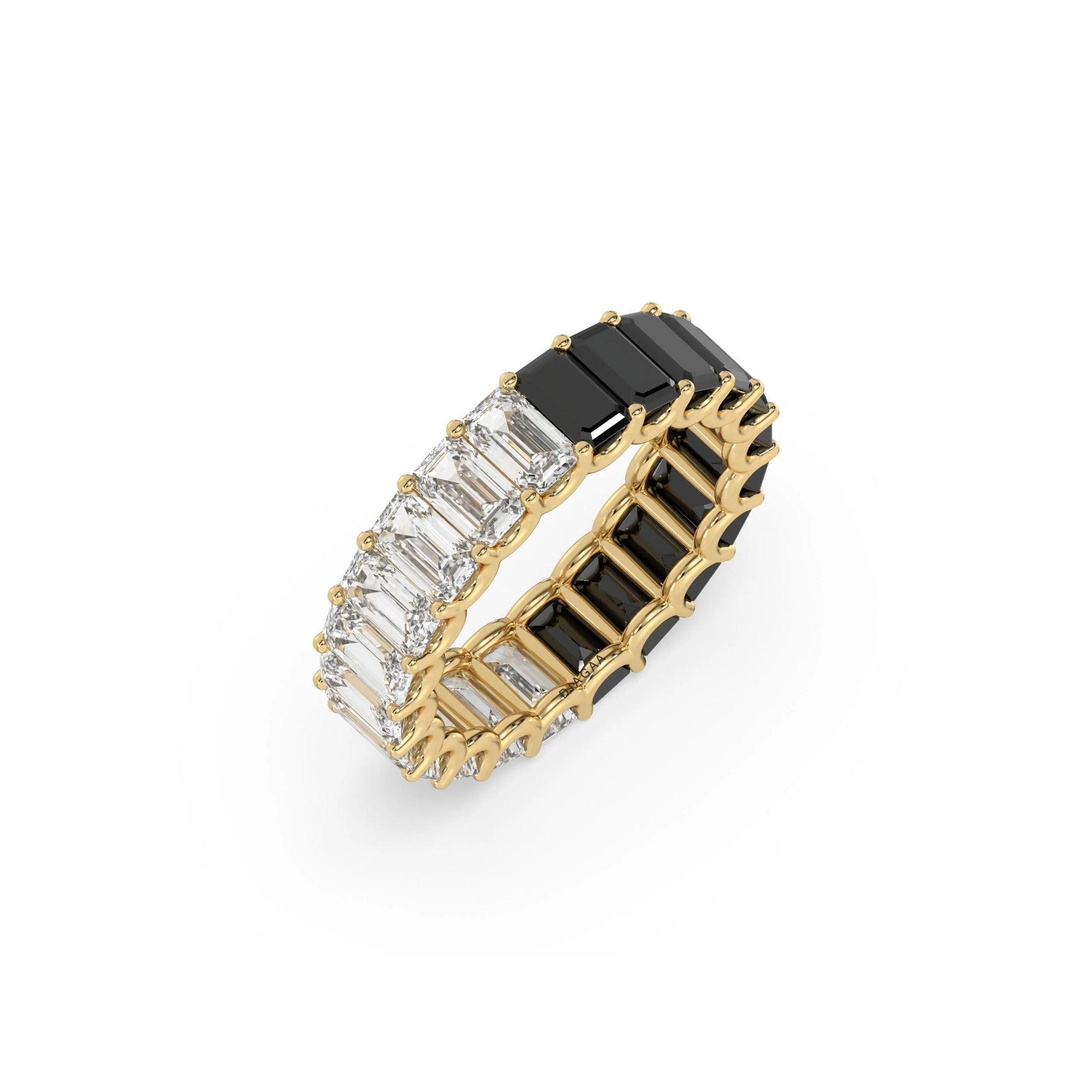 14K Yellow Gold Emerald Black and White Diamond Eternity Ring