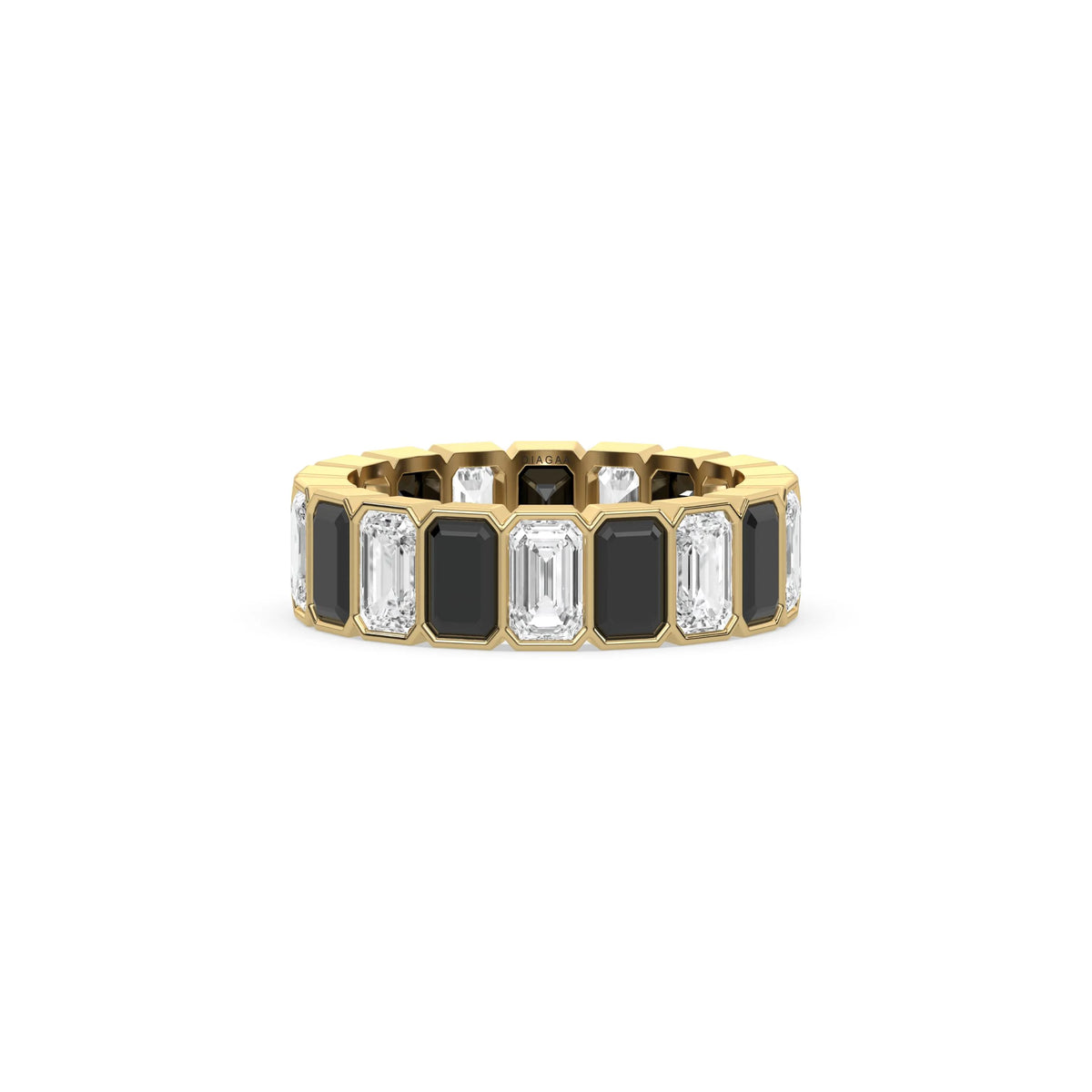 18K Yellow Gold Emerald Black And White Diamond Eternity Ring