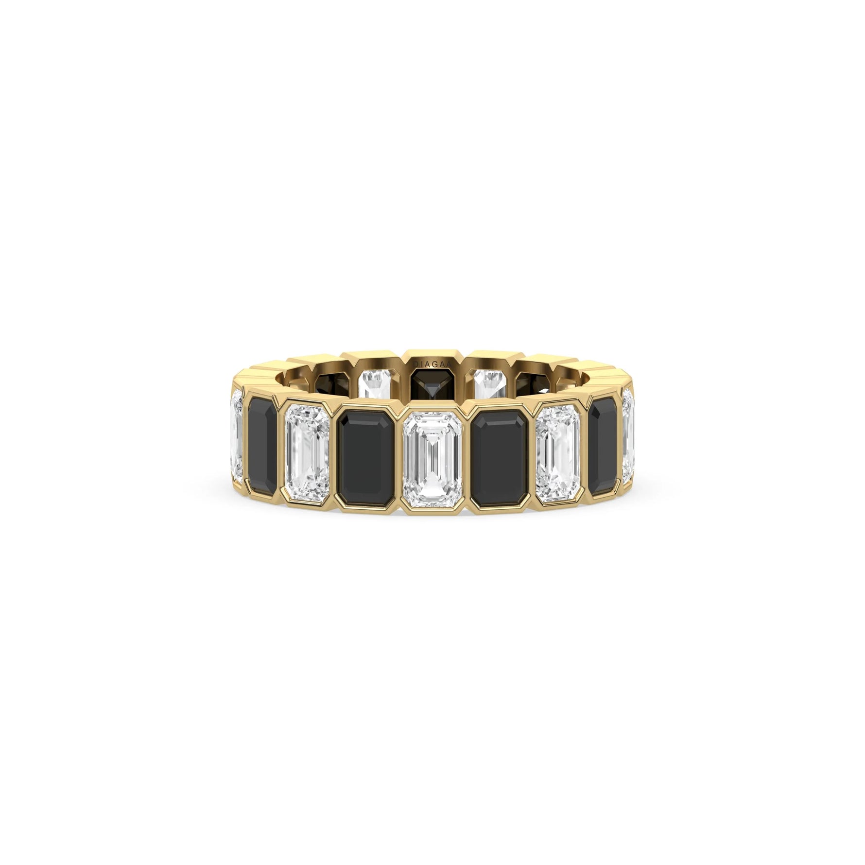 18K Yellow Gold Emerald Black And White Diamond Eternity Ring