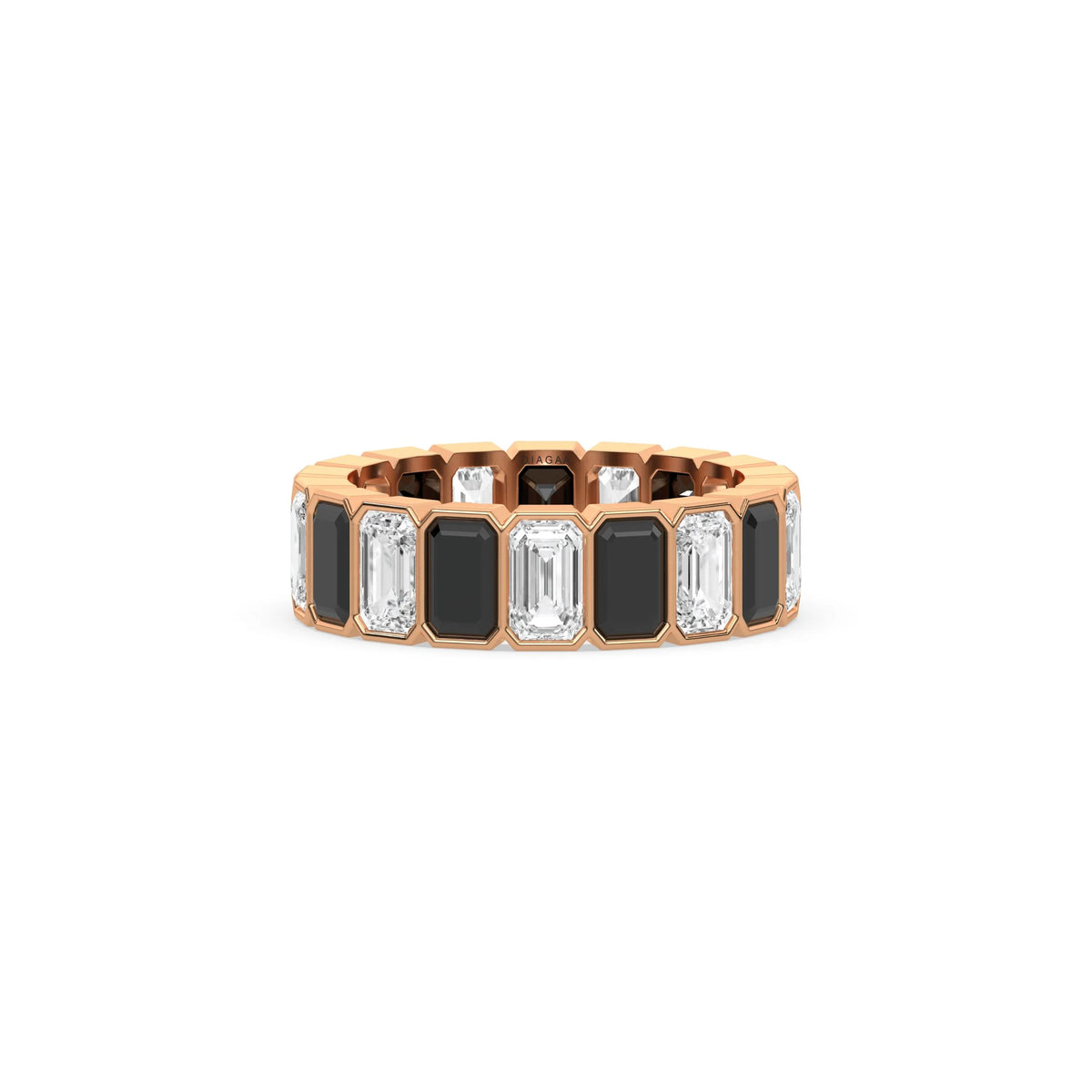 18K Rose Gold Emerald Black And White Diamond Eternity Ring