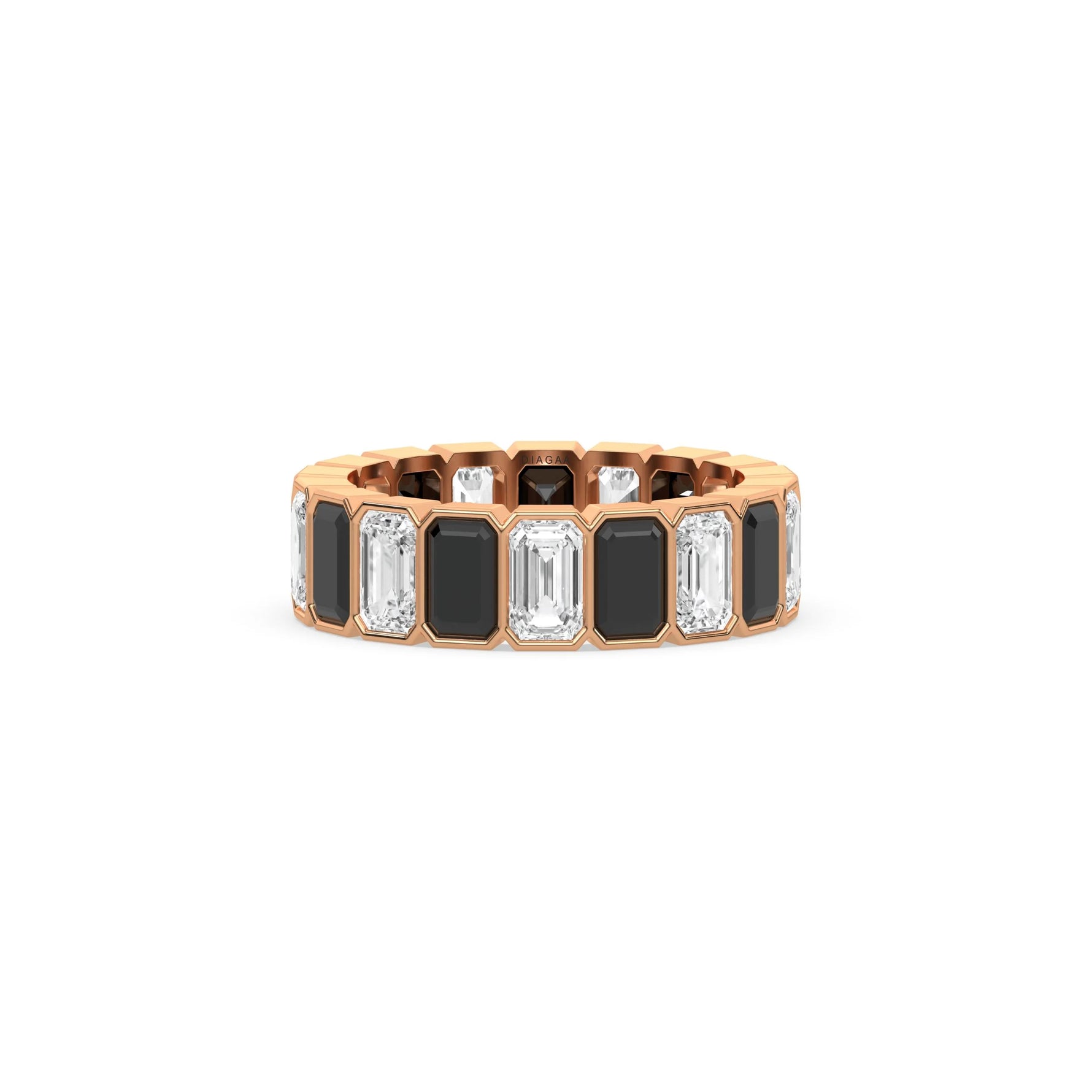 18K Rose Gold Emerald Black And White Diamond Eternity Ring