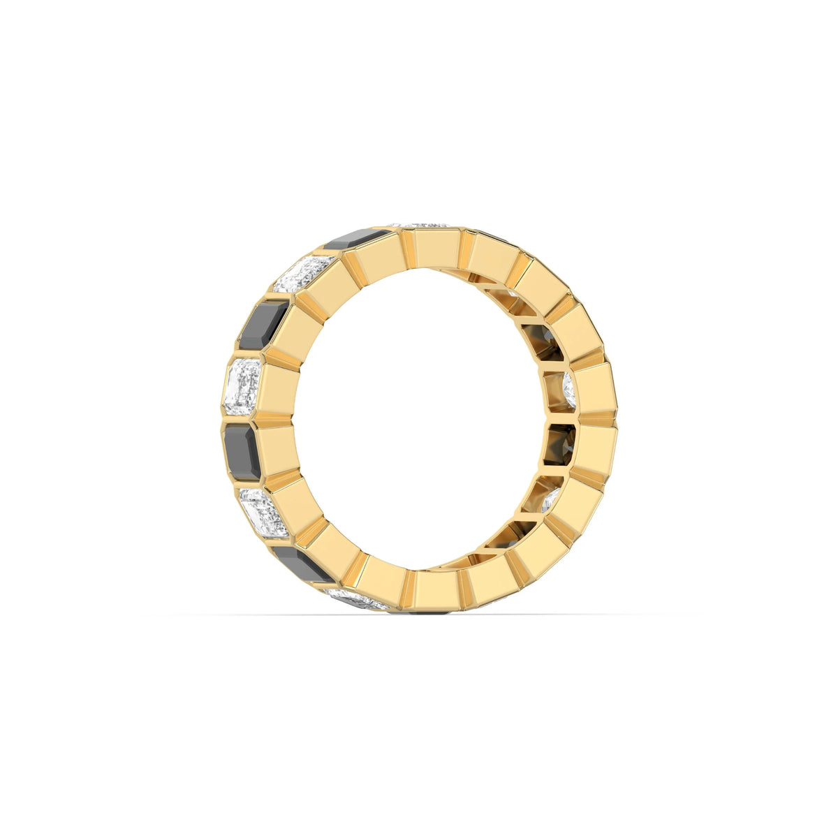 10K Yellow Gold Emerald Black And White Diamond Eternity Ring