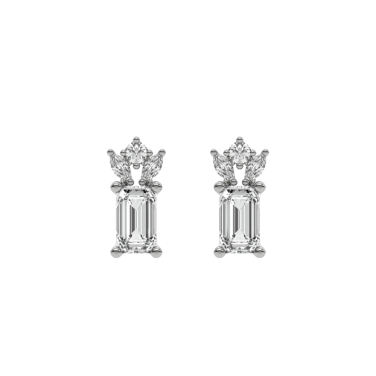 18k white gold natural emerald cut diamond cluster studs  set in a prong setting.