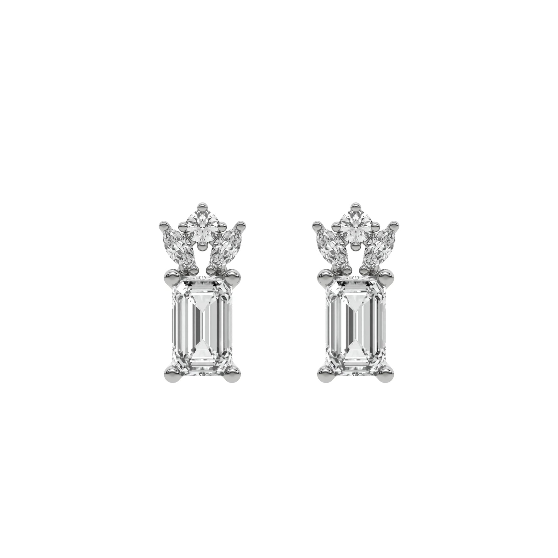 18k white gold natural emerald cut diamond cluster studs  set in a prong setting.