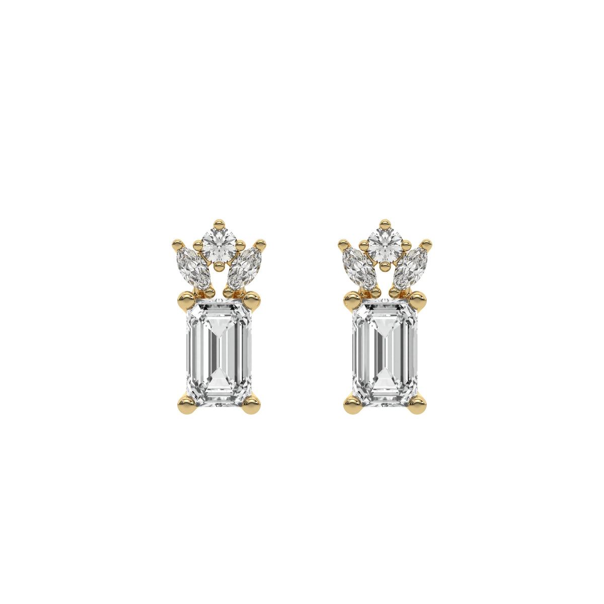 18k Yellow gold natural emerald cut diamond cluster studs  set in a prong setting.